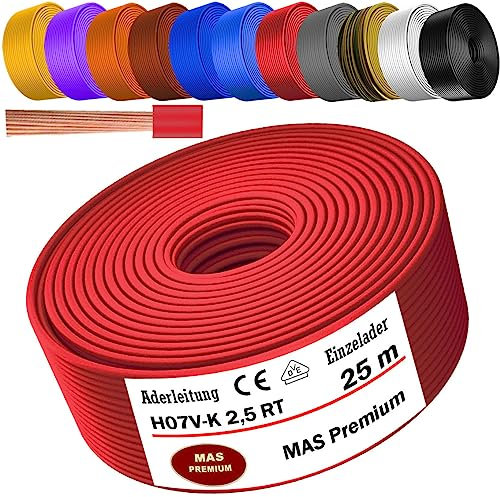 MAS Premium Câble 5 à 100 m H07 V-K 2,5 mm² noir, bleu, vert/jaune, rouge, bleu foncé, marron, orange, gris, blanc, violet ou jaune, câble simple flexible (rouge, 25 m)