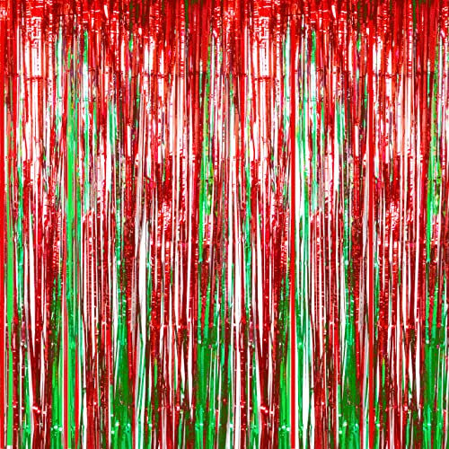 QUACOWW Christmas Tinsel, Foil Fringe Curtain Red Green, Metallic Tinsel Foil Fringe Curtains 3.2ft x 6.5ft Backdrop Party Streamers Door Streamers for Christmas Party Birthday Graduation Wedding