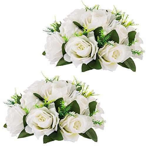 Inweder Sfere Fiori Matrimonio Centrotavola - 2 Pezzi Bouquet di Palline di Fiori Artificiali Fiori Finti Sfere di Rosa di Seta con Base per Matrimoni Tavolo Feste Arredamento Casa Bianco Puro