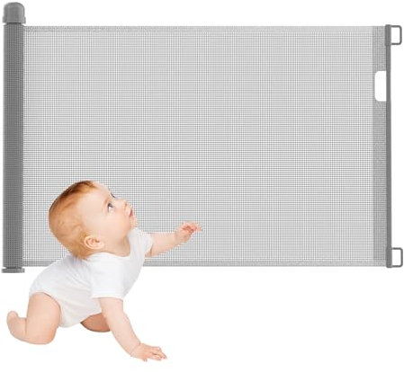 Froadp PVC Cancelletto di Sicurezza Estensibile, Tenda a Rullo per Scale, Barriera di Sicurezza Mobile, Cancello Retrattile Protezione per Bambini e Animali (0-150 cm, Grigio)
