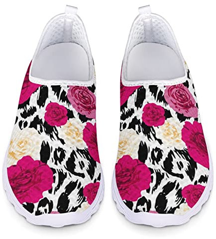 Dolyues Red Rose Schwarz Leopard Print Damen Athletic Sports Walking Laufschuhe, Leichte Bequeme Mesh Slip On Sneakers
