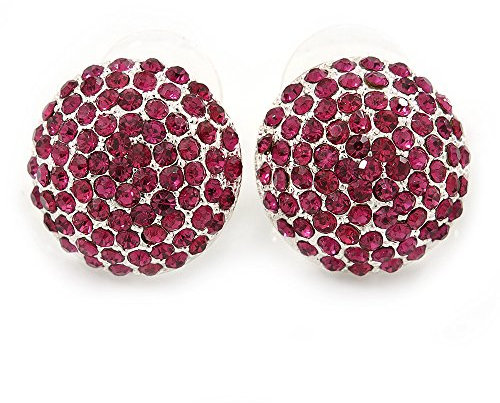 Pendientes de tuerca de cristal fucsia de forma D/botón de 20 mm/chapado en rodio, talla única, Diamante falso