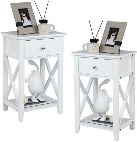 COSTWAY X-förmige Beistelltisch 2er Set, Moderner Nachttisch mit Schublade & unterem Ablagefach, vielseitiger Sofatisch, Beistelltisch für Wohnzimmer, Schlafzimmer, Flur, einfache Montage (2, Weiß)