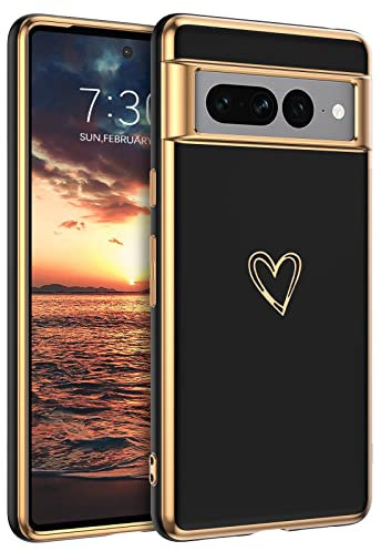 GUAGUA Handyhülle für Google Pixel 7 Pro Hülle Cute Herz Muster Galvanisierte Kameraschutz Stoßfeste Silikonhülle Weich TPU Silikon Schutzhülle Dünn für Google Pixel 7 Pro 2022 (6,7''), Schwarz