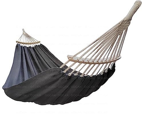 GOCAN Hängematte 2 Personen 220x150cm Gesamtlänge 330cm Last 300kg Leinwand-Baumwoll-Hängematte Outdoor für Garten Indoor Kinder Balkon Rot Mit abnehmbarem Spreizstab dunkelgrau