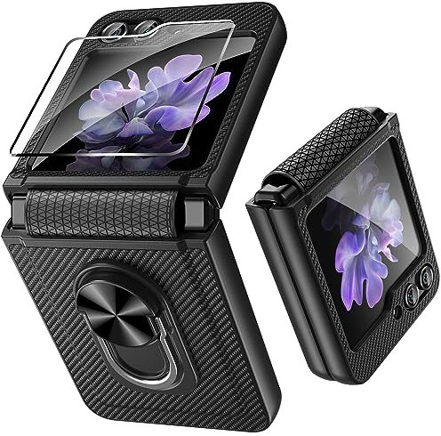 Fewdew for Samsung Galaxy Z Flip 5 Case with Back Screen Protector & Hinge Protection,360°Rotate Ring Magnetic Kickstand Hard Shockproof Protective Cover for Samsung Galaxy Z Flip 5,Carbon Fiber Black
