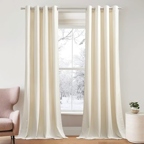 PONY DANCE Samt Vorhänge Wohnzimmer Ösenschal 2er Set H 240 x B 132 cm Weiche und Schwere Gardinen Samt Creme (300g/m²) Thermovorhang Kälteschutz Samtvorhang mit Ösen Gardinen Verdunkelnd