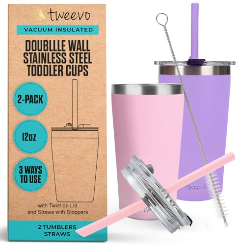 tweevo Sippy Cups For Toddlers 1-3 - Toddler Cups w/Screw Lids - Stainless Steel Kids Tumblers With Straws and Lids - 2 Pack