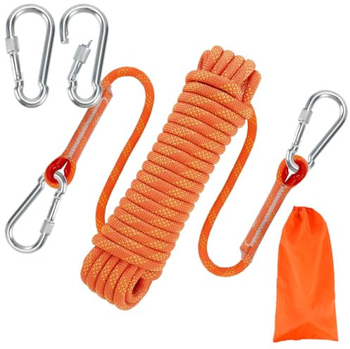 RAKUTE 10mm*10M Kletterseil, Outdoor Sicherheitsseil, Nylon Seil Statisches Kletterseil mit 2 Karabinern Rettungsseil Feuerrettungs-Fallschirm-Seil für Arbeiten in der Höhe/Feuerleiter/Abseilen/Sport