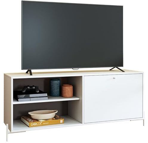Meuble TV Bar 60 Pouces Blanc 1 Porte 4 Niches Pieds Métal Ronds