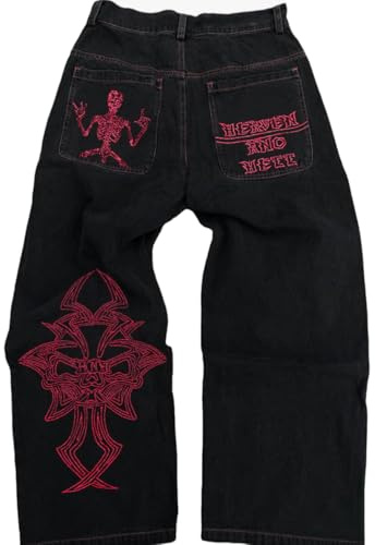 OATSBAS Baggy-jeans, Y2K-stil, säckiga jeans för kvinnor och män, denimbyxor, broderi med döskalle, jeans i gotisk stil, byxor med raka breda ben
