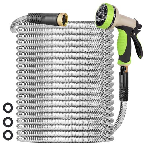 Gardentime 100FT Metal Garden Hose 304 Stainless Steel Heavy Duty Lightweight Flexible Hose Adjustable 10 Function Spray Nozzle Leak Puncture Proof, No Kink Tangle, Water Hose for Outdoor Yard Lawn
