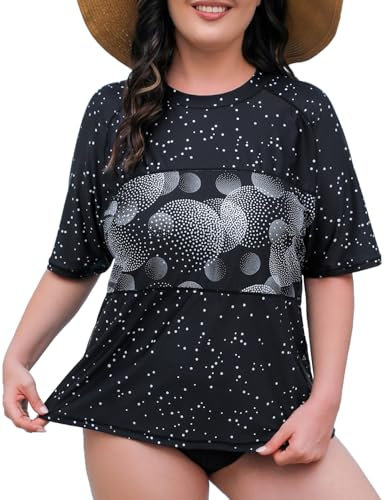 Halcurt Schwimmshirt Damen Übergröße UV Shirt Kurzarm Rash Guard UPF 50+ Bademode Schnell Trocknender Badeshirt 2X