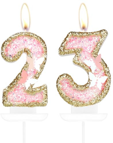 Schmetterling Zahl 23 Kerzen, Rosa Gold Happy 23th Birthday Kerzen für Kuchen, Mädchen 23 Geburtstag Kuchen Dekorationen, Schmetterling 23 Cake Topper, Gold Rosa Kuchen Kerzen Kuchen Topper für Frauen