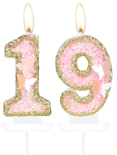 Pink Gold Butterfly 19th Birthday Candles, Pink Gold Candles Cake Toppers for Cake, Girls 19th Birthday Decorations,Butterfly Number 19 Candle Cake Topper for Girls Birthday Party,Wedding Suppiles