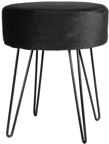 Harbour Housewares 1x Schwarz/Schwarz H40 x D35cm Runden Samt-Fußhocker - Klein Wohnzimmer Schminktisch Fußbank Ottomane Sitzpuff Stuhl Sitz