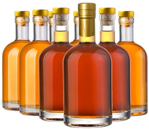 Danmu Art 12 x 375ml Glass Bottles with Cork Stopper Lids for Gin Liqueur Spirits Glass Container - Transparent Thick Glass,Gold Lids (12)
