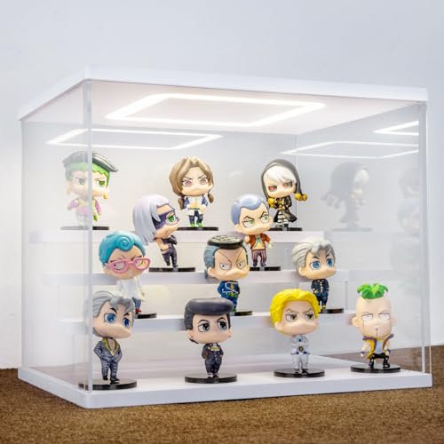 AZEYN Acryl Vitrine mit LED Beleuchtung, 3/4/5/6 Stufen Staubdicht Schaukasten für Minifiguren, Display Case Box für Modellautos Collectibles (Weiß 4 Stufen 32×24.5×27cm)