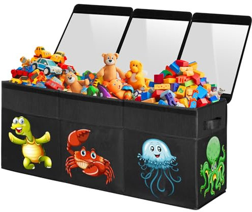 YOHOOLYO Coffres à Jouets Boîte de Rangement pour Enfant Pliable 123L 94 x 41 x 32 cm en Tissus 600D Oxford avec Couvercle Transparent Amovible pour Chambre d'enfant (Animaux Marins)