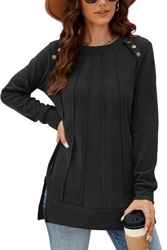 Odosalii Womens Sweatshirts Ladies Jumpers Crewneck Long Sleeve Tops | Pleated Front Side Splits Pullover Sweaters