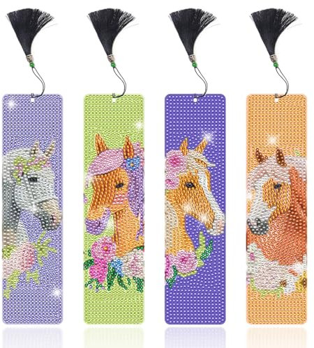 Lymshine Diamond Painting Lesezeichen Pferd - 4 Stück Lesezeichen Diamond Painting Kinder Geschenke 5D Diamant Painting Bookmark Mädchen Jungen