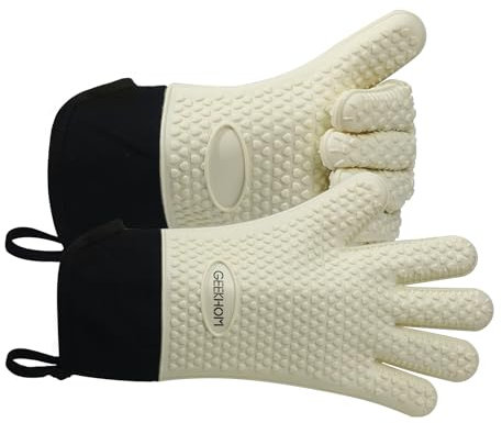 GEEKHOM Gants de barbecue en silicone XL, résistants à la chaleur, imperméables, accessoires de barbecue pour la pâtisserie, la friteuse, le fumoir, le Weber et le micro-ondes, antidérapants,