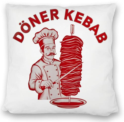 speecheese Döner Kebab Logo Kissen satiniert Koch mit Schnurrbart Fleischspieß Rot-Weiß Retro Design Kochmütze Messer Illustration