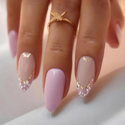 Pack de 24 Ongles en Amande à Coller, Courts, Français Blanc Fleurs, Ongles Artificiels, Vernis Glossy Press-on, Ongles Ovales Réutilisables, Faux Ongles Acryliques pour Femmes et Filles