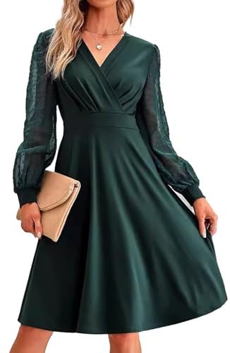 IFFEI Women Dresses Long Sleeve V Neck Swiss Dot Solid Ladies Cocktail Evening Party Midi Dress L Green