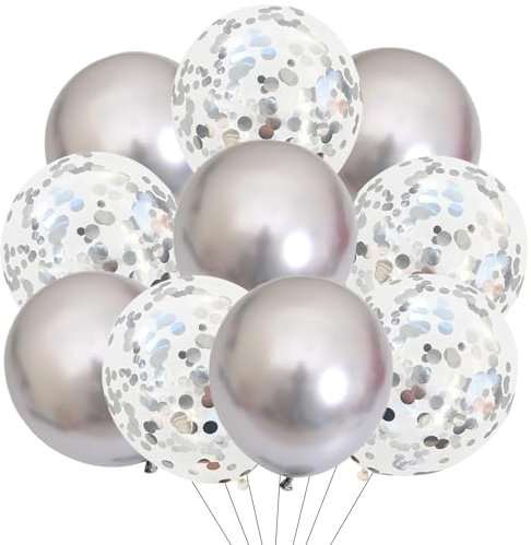 DazzJoy 10 Stk 12 Zoll Silber-Konfetti Luftballons Metallic Silber Helium Ballon Silberhochzeit Deko, Luftballons Geburtstag für Babyparty, Neujahr, Graduierung, Jubiläum Deko Silberhochzeit