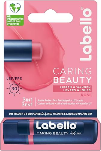 Labello Caring Beauty Rose Lippenpflegestift mit Farbe und Sonnenschutz, farbige Lippenpflege mit LSF 30, Vitamin E und Bio-Mandelöl, Lippenbalsam für Lippen und Wangen (4,8 g)