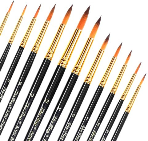 12pcs Paint Brushes, Watercolor Round Pointed Tip Artist Paint Brushes for Acrylic Painting, Professional Paint Brush Set for Detail Painting, Nylon Brushes Hair for Artist Paint Gouache Ink Craft