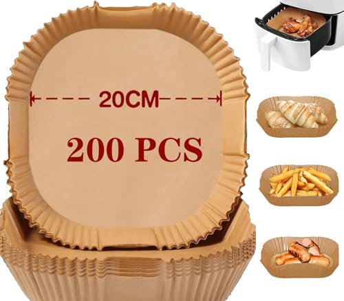 Papel de horno para freidora de aire caliente, 100 unidades, papel antiadherente, impermeable y resistente al aceite, bandejas desechables para freidora de aire, horno y microondas (20 cm-200