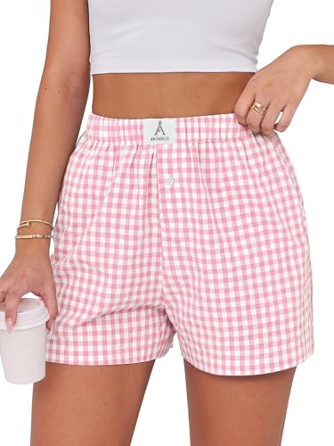 ANRABESS Boxer Shorts for Women Gingham Pajama 2026 Summer Casual Lounge Sleep Plaid Shorts Y2K Beach Bottoms Pink White Plaid Medium