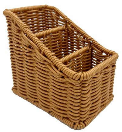 Handwoven Wicker Remote Control Holder,Rustic Rattan TV Remote Caddy Storage Box for Table, Farmhouse Desk Organizer Office Supplies,Makeup Brush Holder,Utensil Caddy (Golden Oak, Small - 3 Comp.)