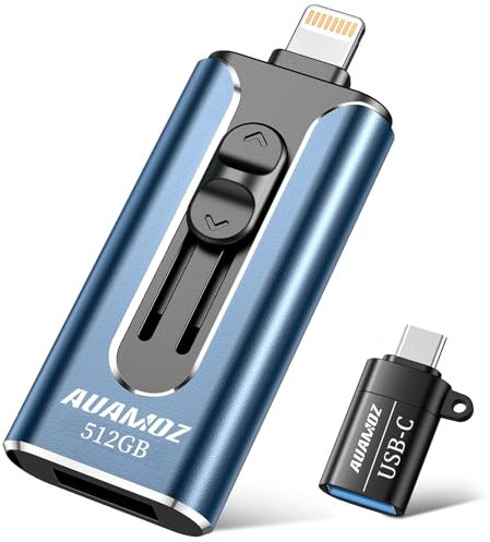 AUAMOZ 512GB Flash Drives Intended for iPhone, Memory Stick Storage for Photos and Videos Backup, Compatible with iPhone iPad Android PC, Plug and Play, No Application Required (Dark Blue)