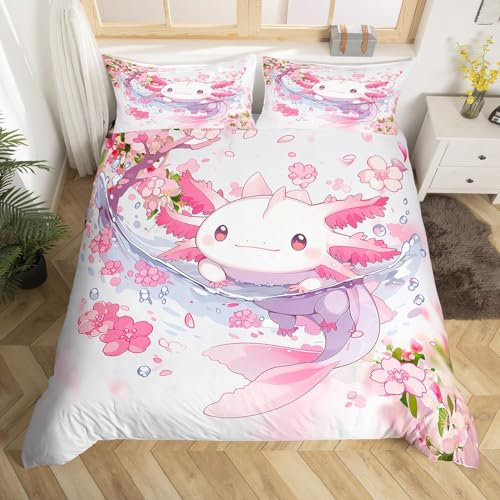 Loussiesd Niedlicher Axolotl-Bettbezug für Jungen und Mädchen, Einzelbett, Ozean, Meeresali-Bettwäsche-Set, Kawaii-Bettbezug, Kinder, Cartoon, Salamander, Teenager, Tagesdecke, Raumdekoration,