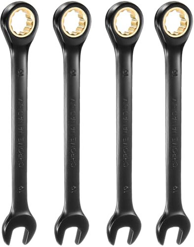 sourcing map 4Pcs Ratcheting Spanner 19mm Metric Open End Wrench 72-Teeth CR-V Steel 12 Point Nickel Plated Combination Ratchet Wrench for Fasteners Nut Bolt