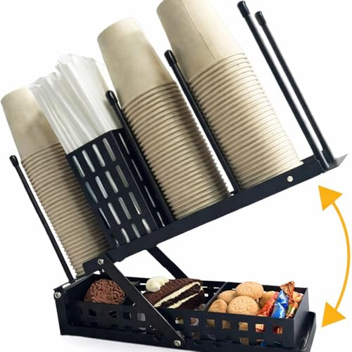 Mintoz Cup Holder Lid Dispenser with Slide Out Drawer, Straw Holder & Mat, Adjustable Coffee Cup Holder, 4 Compartment Disposable Cup Dispenser, Cup Storage Organizer for Counter/Kitchen