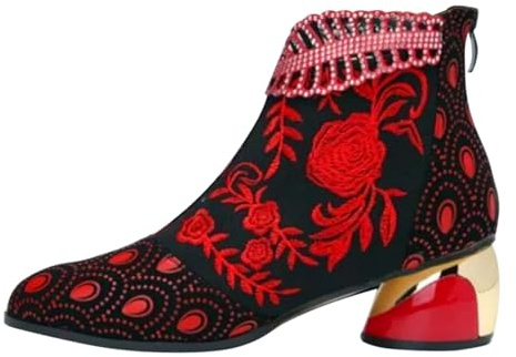 Generisch Stivali da cowboy da donna corti con brillantini, da donna, colore beige, con ricamo, alla caviglia, con tacco alto, antiscivolo, Colore: rosso, 36 EU