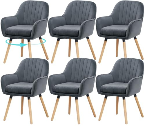 ELUCHANG Esszimmerstühle 6er Set, 360° Drehbar, 12cm Dicke Polsterung Stuhl mit Hohen Armlehnen, Grau Samt, bis 150 kg Belastbar, für Schlafzimmer Küche Wohnzimmer