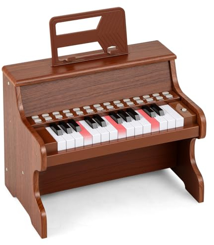 COSTWAY 25-Key Kids Piano, Wooden Toddler Toy Keyboard with Lighted Keys, Adjustable Speed & Volume, Teaching Mode, Music Stand, Educational Music Instrument for Boys Girls (Brown)
