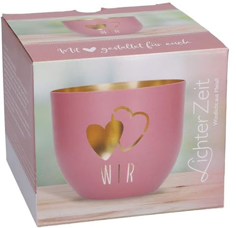LichterZeit „Wir Metall-Windlicht in Rosa mit Goldveredelung und durchbrochenem Herzmotiv: Teelichthalter in Geschenkverpackung, im Format 11 x 9,2 cm. Ideal als kleines Geschenk