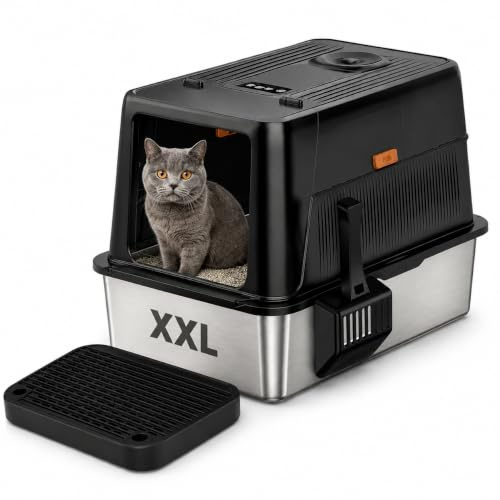 B2C XXL Stainless Steel Cat Litter Tray with Lid | High-Sided, Large Cats, Leak-Proof, Odour-Resistant, Includes Scoop & Mat