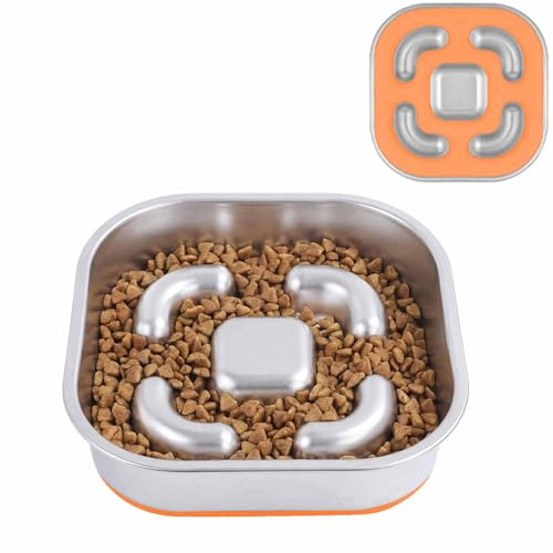 1.1L Square Stainless Steel Slow Feeder Dog Bowl-4 Cups for Medium large Breeds, 304 Grade, Orange Anti-Skid Base, Heavy Duty, Puzzle Maze Bowl to Slow Down Eating, for water, wet food, dry food