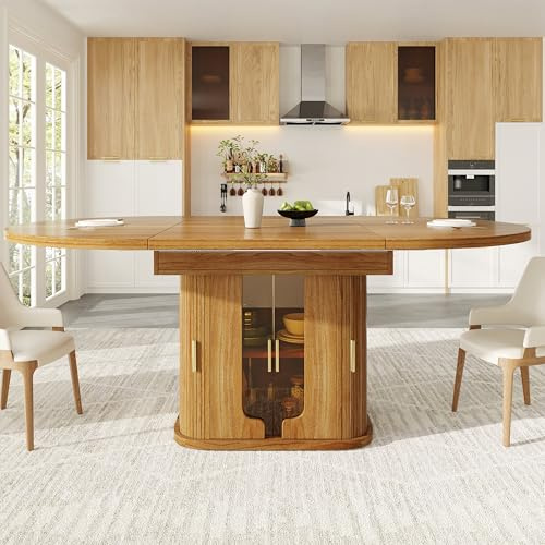 QXJVA Mesa de comedor extensible 118-158 x 118 cm en aspecto de nogal, mesa de comedor redonda para 6 personas con puertas de cristal ámbar, mesa de cocina ovalada para comedor moderno y cocina