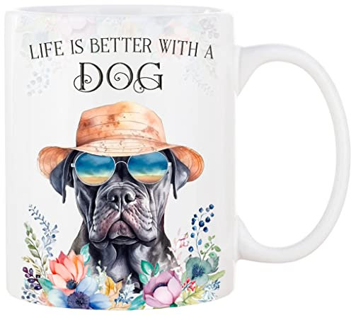 Cadouri Keramik Hunde Tasse mit Spruch „Life is better with a Dog“ und Cane Corso - Kaffeetasse mit Hunderasse für Hundebesitzer - originelles Geschenk - handgefertigt | 330 ml