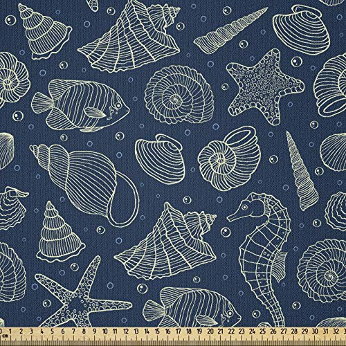 ABAKUHAUS Sea Shells Stoff als Meterware, Marine Einwohner, Microfaser Multi Zweck Dekostoff für Kunsthandwerke, 3M (230x300cm), Dunkelblau Beige