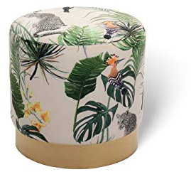 LIFA LIVING Runder Samt Pouf TOEKAN mit goldenem Metallrand, Luxuriöser Sitzhocker 38x38cm, Zylinderförmiger Pouf Hocker mit exotischem Dschungel Muster