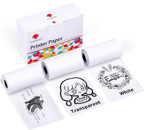Phomemo M02/M02Pro/M02S/M03/M03AS/M04S/M04AS Mini Aufkleber Drucker Papier, Weißes/Halbtransparentes/Transparentes Taschen-thermisches Papier für Selbstklebendes Aufkleber Papier, 3 Rollen